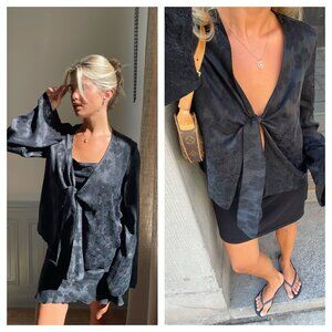 Djerf Avenue Jacquard Tie Top Long Sleeve Black S Black